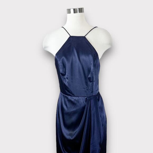 After Six Stretch Charmeuse Halter Draped Midi Dress Midnight Navy Blue Size 8 - Picture 5 of 15